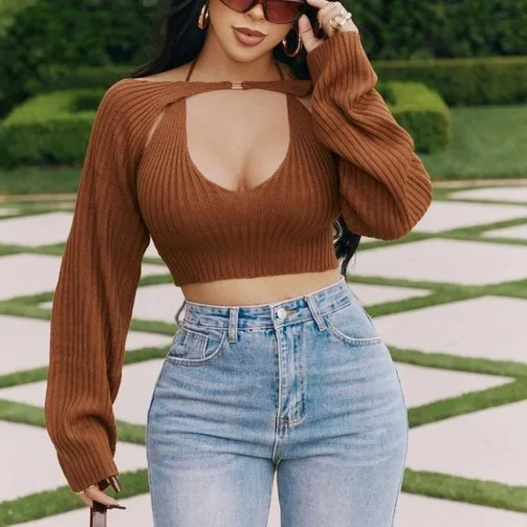 Crop Halter Knit Top with Shrug Sweater coord set- brown - Picture 4 of 5